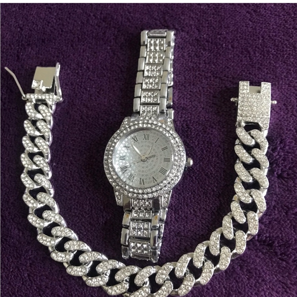 Silver Crystal Accent Women's Watch and Bracelet Set